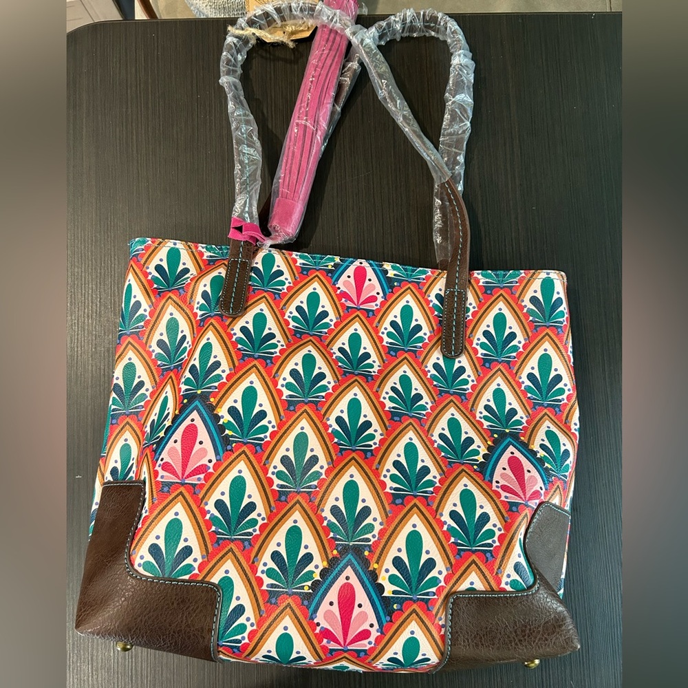 NWT Catchfly Art Deco Western Suede Zipper Purse Tote Bag Pink Blue Brown